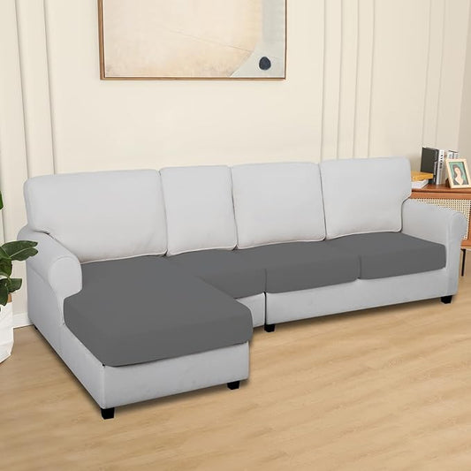 Easy-Going 100% Waterproof 4 Pieces Couch Cushion Covers for Sectional Sofa Left/Right L Shape Chaise Lounge Sofa Seat slipcover Anti-Slip Sofa Cover (3 Seater + 1 Chaise, Gray