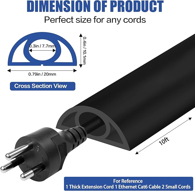 Floor Cord Cover Self Adhesive Cord Hider,10FT Cable Management, Extension Strip Protector for Wires, Prevent Cable Trips for Offices, Gyms, Exhibitions Cavity:0.3"(W) x 0.28"(H) Black