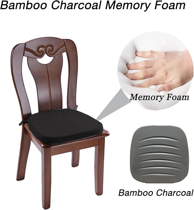 Chair Cushion with Ties for Dining Chair - Memory Foam No Slip Kitchen Chair pad and Dining Room Seat Cushion with Machine Washable Cover [16.5 X 16.2 Inches] - Black