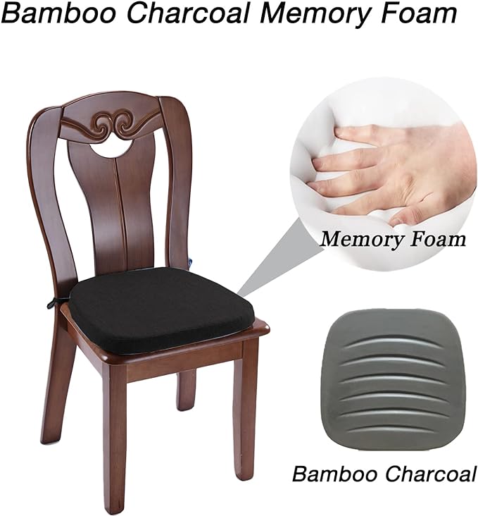 Chair Cushion with Ties for Dining Chair - Memory Foam No Slip Kitchen Chair pad and Dining Room Seat Cushion with Machine Washable Cover Set of 4 [16.5 X 16.2 Inches] - (Black,4)