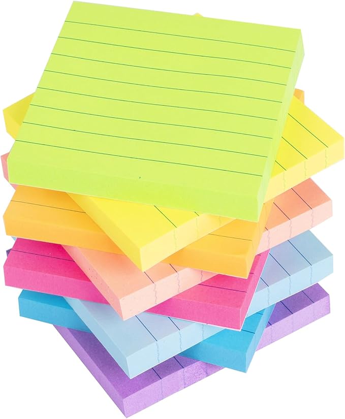 Lined Sticky Notes 3x3 in Bright Ruled Stickies Colorful Super Sticking Power Memo Pads, 82 Sheets/pad, 8 Pads/Pack