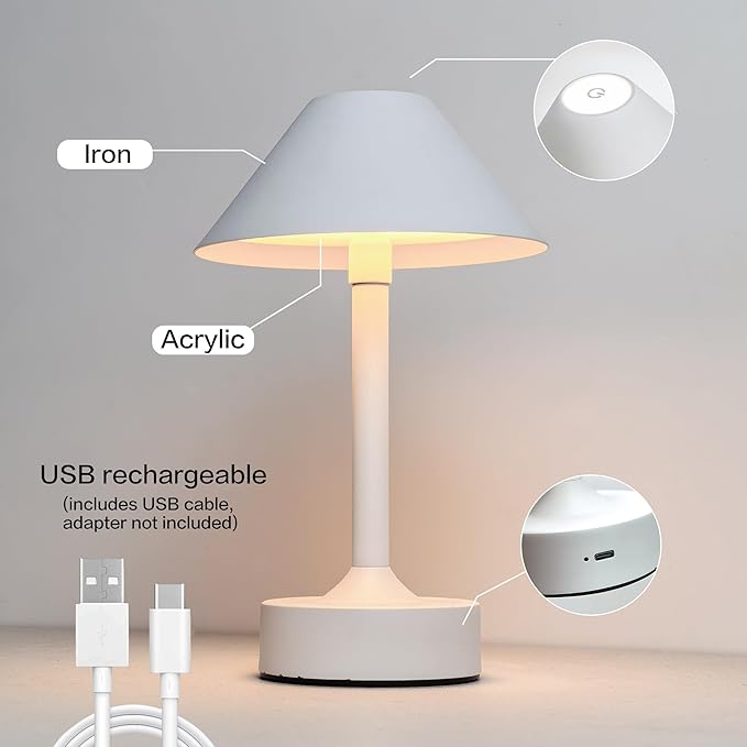 Cordless Table Lamp - Rechargeable Night Light with 2000mAh Battery, Touch Control, Dimmable White/Warm/Neutral Light, Adjustable Height, USB Charging, Ambient LED Bedside Lamp (White)