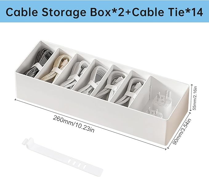 2 Pcs Cable Organizer Box with Wire Ties, Plastic Cord Charger Storage Box with 8 Compartments, Electronics and Home Office Desk Drawer Stationery Organizer, Stackable, White