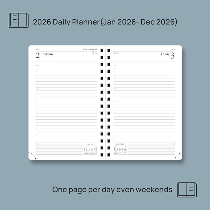 POPRUN 2026 Daily Planner One Page A Day - [8.5" x 5.75" Wire-Bound Hard Cover] Agenda 2026 Hourly Appointment Book with Monthly Calendar, Inner Pocket, Ivory Paper - Pacific Green