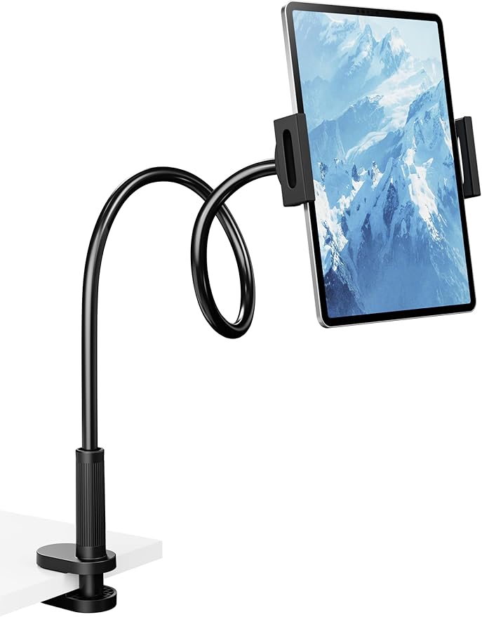 Flexible Gooseneck Tablet Holder, 360° Adjustable Phone Mount with Sturdy Clamp for Desk/Bed/Kitchen, Compatible with iPad Air Pro Mini iPhone/Samsung Galaxy Tabs/4.7~12.9"