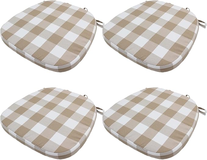 Chair Cushion with Ties for Dining Chairs - Memory Foam Non Slip Kitchen Chair Pad and Seat Cushion with Machine Washable Cover [16.5 x 16.2 Inches] - (Brown White,4)