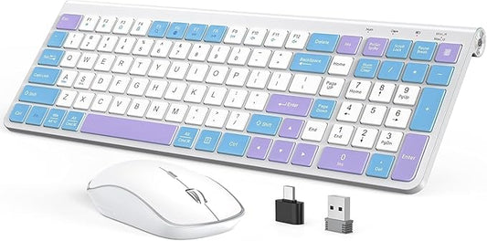 JOYACCESS Wireless Keyboard and Mouse Combo, Typewriter Ergonomic Wireless Keyboard with Number Pad and Computer Mouse for PC Laptop Desktop Computer - Purple Blue