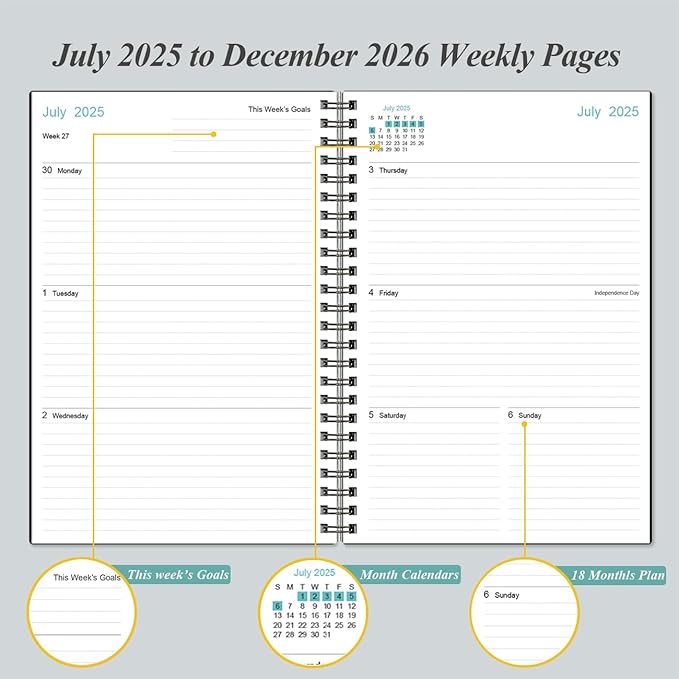 2025-2026 Planner - 18 Months Weekly & Monthly Planner from July 2025 - December 2026, Spiral Planner 2025-2026 with Elastic Closure, Inner Pocket, Medium 5.8" x 8.3", Black