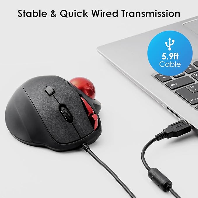 SANWA Wired Ergonomic Trackball Mouse, Optical Rollerball Mice, Programmable Silent Buttons, 34mm Trackball, 600/800/1200/1600 Adjustable DPI, Compatible with MacBook, Laptop, Windows, macOS
