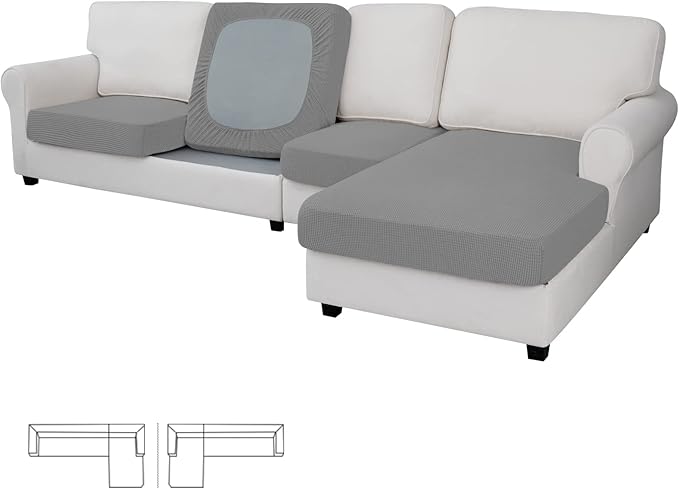 Easy-Going Stretch 4 Pieces Couch Cushion Covers for Sectional Sofa Left/Right L Shape Chaise Lounge Sofa Seat slipcover Anti-Slip Sofa Cover Soft (3 Seater + 1 Chaise, Light Gray)