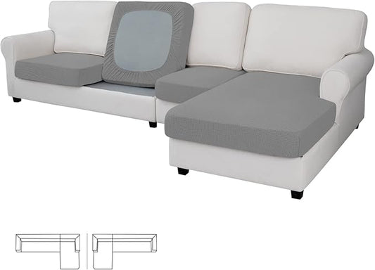 Easy-Going Stretch 4 Pieces Couch Cushion Covers for Sectional Sofa Left/Right L Shape Chaise Lounge Sofa Seat slipcover Anti-Slip Sofa Cover Soft (3 Seater + 1 Chaise, Light Gray)