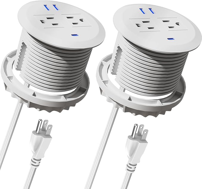 2PCS 3 Inch Desktop Power Grommet,10ft Cord,20W USB C Fast Charging Station,3-USB Port,Flush Mount.Round Recessed Power Strip Desk Hole Grommet Outlet for Workspace,Sofa,White