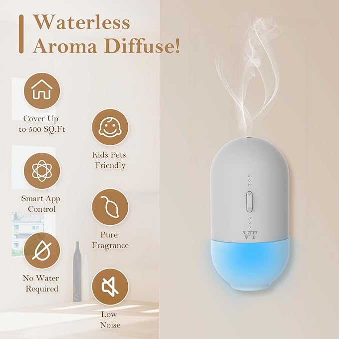Essential Oils Diffuser Waterless Scent Diffuser, Smart APP Bluetooth Control,Wall Mounted, with Fragrance Oil, Cover Up to 500 SQ.FT for Room Home and Office, Quiet and Safe, Grey