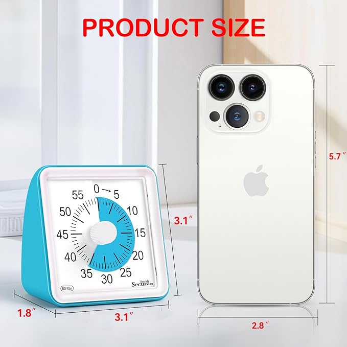 Secura 60 Minute Essential Visual Timer for Kids, Countdown Clock Timer for Special Education, Classroom, School, Desk, Home, Office, Silent Non-Ticking Time Management Tool (Blue & Blue)