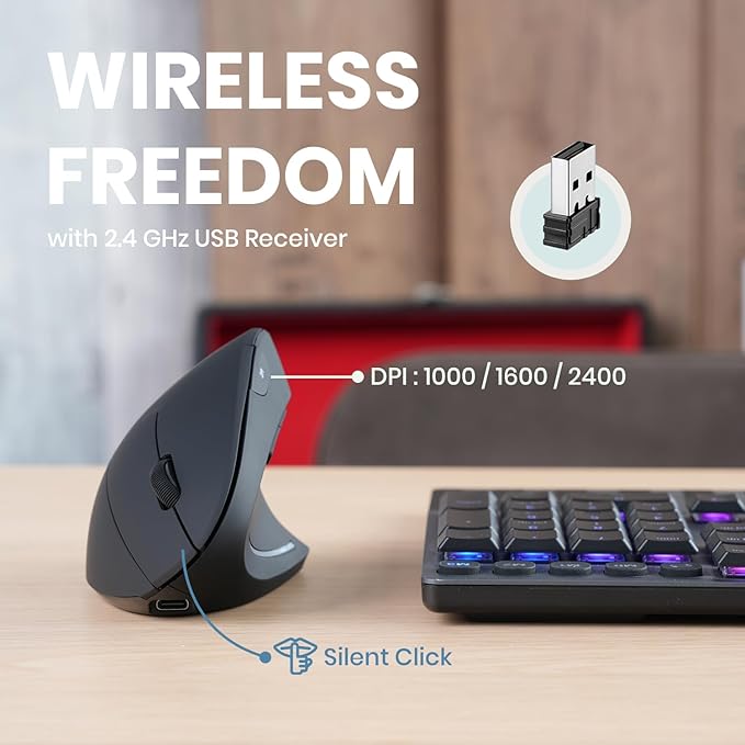 Perixx PERIMICE-713R Wireless Rechargeable Vertical Mouse - Duo Wired and Wireless Charging Feature - 6 Buttons Design - Black - Right-Handed Design