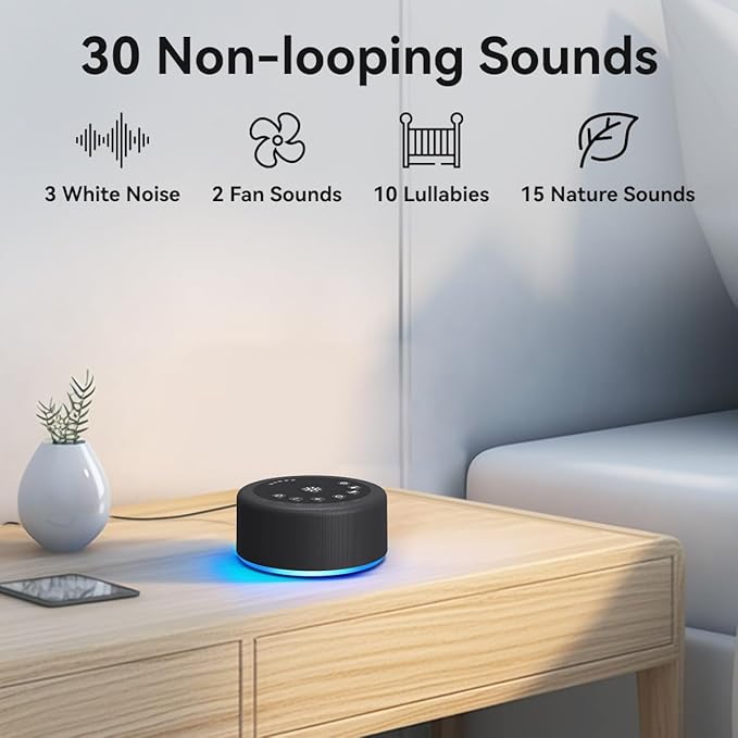 Sleep Sound Machine White Noise Machine with 30 Non Looping Sounds 12 Night light Colors with 5 Timers 36 Adjustable Volume Memory Function Brown Noise Machine for Baby kid Adult & Home Nursery Travel