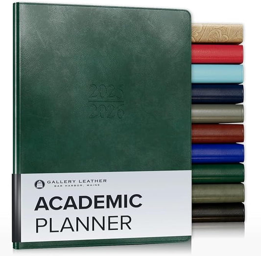 Gallery Leather Academic Planner 2025-2026, Teacher and Student Weekly Monthly Planner, Elegantly Bound Calendar with Gold-Gilded Page Edges, 18 Months - Acadia Green - 9x7"