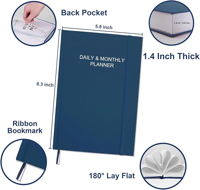 Daily & Monthly Planner for 2025 2026 or Anytime - ADHD Planner Two Pages Per Day, Daily Planner Undated to Increase Focus, Eliminate Overwhelm, Achieve Your Biggest Goals, 5.8'' × 8.3'', Blue