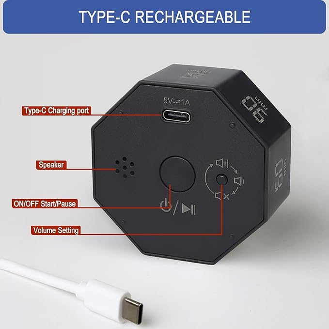 GuDoQi Digital Productivity Timer, Octagon Rotating Pomodoro Timers with Gravity-sensor, 1-3-5-15-30-60-90 Min Countdown, Portable Adjustable Sound Alert Multi Desk Timer or Study Task, Kitchen, Black