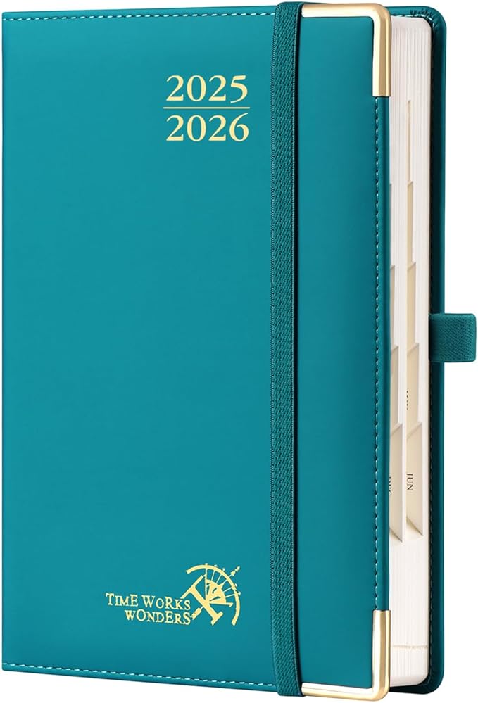POPRUN Daily Planner 2025-2026 One Page per Day, (A5 Size 5.75" x 8.5") Academic Calendar (July25- June26) Hourly Appointment Book with Vegan Leather Hardcover, Monthly Tabs & Pocket - Pacific Green