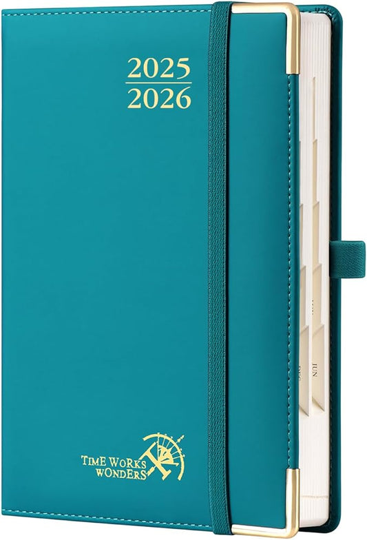 POPRUN Daily Planner 2025-2026 One Page per Day, (A5 Size 5.75" x 8.5") Academic Calendar (July25- June26) Hourly Appointment Book with Vegan Leather Hardcover, Monthly Tabs & Pocket - Pacific Green