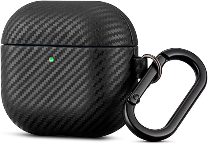 Leather Case for AirPods 4 / AirPods 4 with Active Noise Cancellation Case Cover with Keychain - Selected Skin-Friendly Leather, Carbon Fibre Texture, Handmade Shockproof Hard Cover - Black