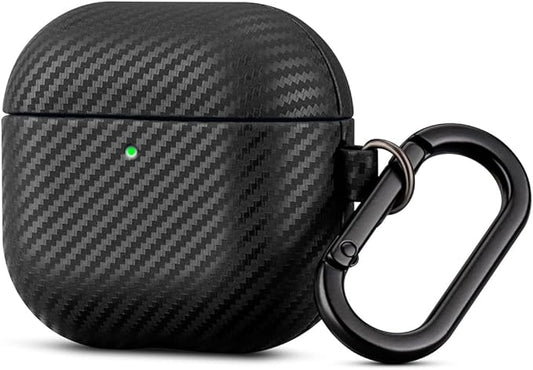Leather Case for AirPods 4 / AirPods 4 with Active Noise Cancellation Case Cover with Keychain - Selected Skin-Friendly Leather, Carbon Fibre Texture, Handmade Shockproof Hard Cover - Black