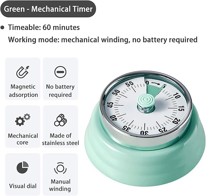 Elegant Stainless Steel Vintage Kitchen Timer with Magnetic Attachment - 60-Minute Countdown & Audible Alarm, Perfect for Cooking, Office Tasks, and Study Sessions (01-Green)