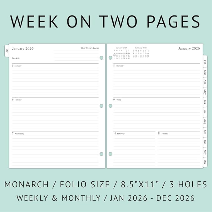 newestor 2026 Weekly Planner Refills for 3-Ring Binder with Monthly Tabs, Two Pages Per Week, 8-1/2" x 11", Folio Size 5 / Monarch