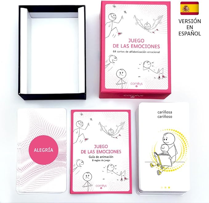 Comitys - The Feelings Game | 64 flashcards for Emotional Literacy | Non-Violent Communication Teaching Tool | 177 Feelings States to Discover (Spanish)