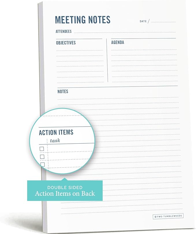 Meeting Notes Notepad - 6x9" - Double Sided Planning Pad - Objectives, Notes, Action Items & Follow-Ups - Undated Meeting Agenda - 50 Double-Sided Sheets