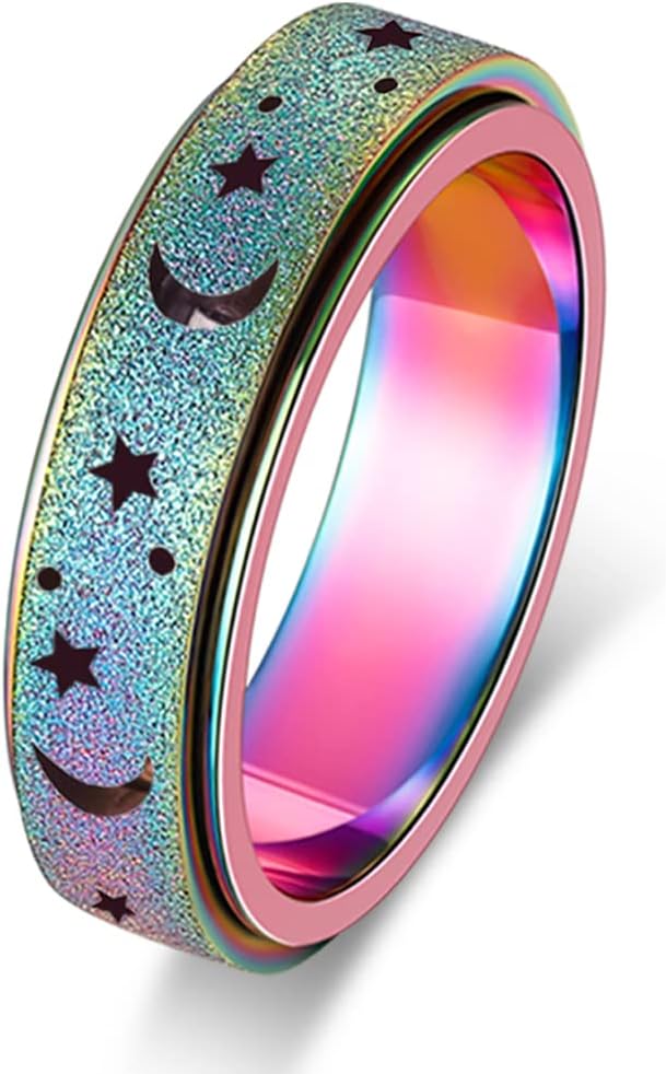 OreilleStar Anxiety Ring for Women Spinner Ring Fidget Stainless Steel Ring Fidget Toys Adults Spinner Rings Fidget Rings Fidget Ring Men Moon Star Rainbow Size 10