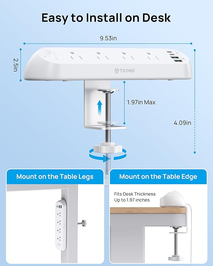 TROND Desk Clamp Power Strip 20W USB C, Surge Protector with 4 Outlets 4 USB Ports, Flat Plug 6ft Extension Cord, 1700J, ETL Listed, Fits 1.97 inch Tabletop Edge, for Home Office Accessories, White