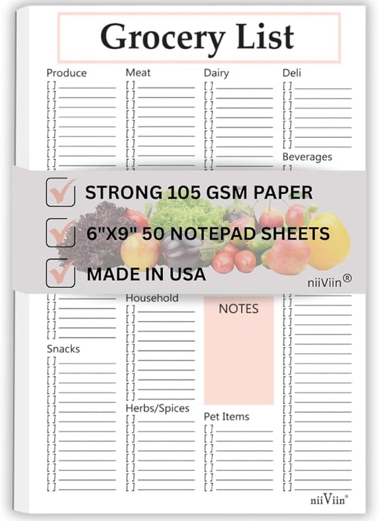 Grocery Shopping List Notepad - 6"x9" Grocery Checklist with Categories and Notes, Thick 105 GSM Paper, 50 Sheets, Easy Tear-Off and Take with You Pad for Food, Household, Pet, and Other Items