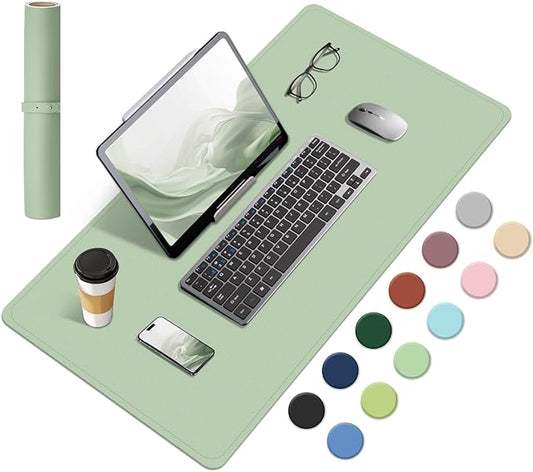 Dual-Sided Desk Pad, Natural Cork & PU Leather Mouse Pad for Desk, Desk Pad Protector, Non-Slip Desk Mat for Office and Home Work, (Light Green, 23.6" x 13.7")