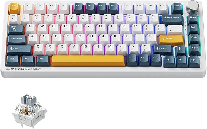 Machenike K600 B82W Gasket Mechanical Gaming Keyboard,75% Wireless Hot Swappable Gaming Keyboard with Padding&Knob,Bluetooth/2.4GHz/USB-C,RGB Backlit for PC/Tablet/Xbox/PS4/PS5