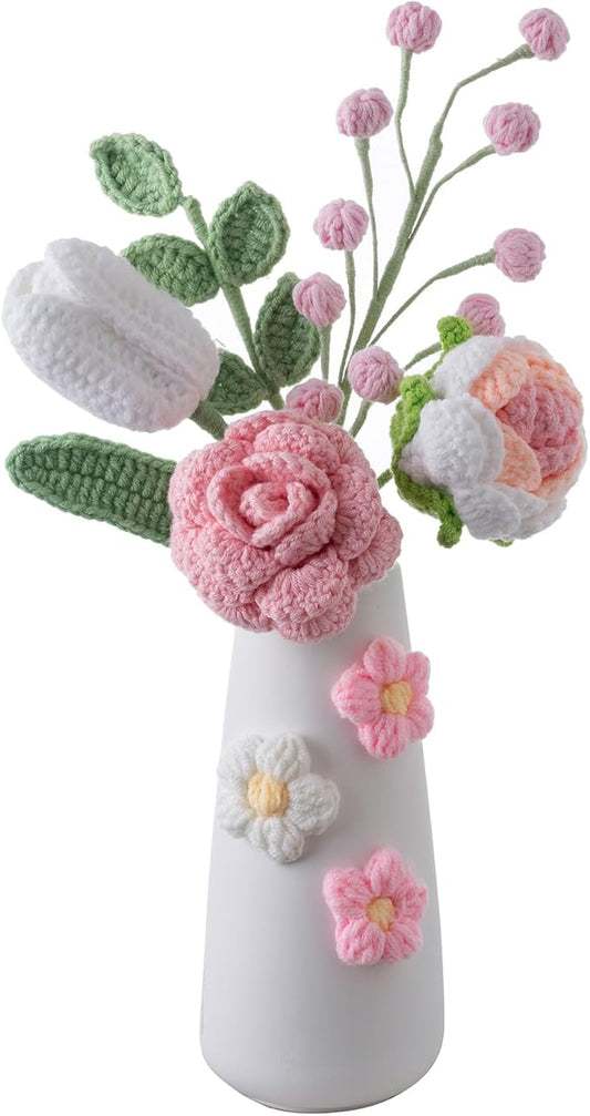 Handmade Crochet Flowers Arrangement with Vase, 14 inch Knitted Desk Decorations Centerpieces for Home Office Decor (Crochet Bouquet)