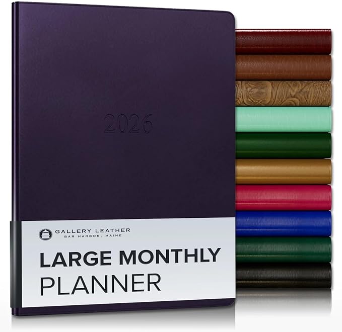 Gallery Leather Large Monthly Planner 2025-2026, Elegantly Bound Calendar Planner and Notebook with Stylish Gold-Gilded Page Edges, 18 Months - Freeport Metallic Purple - 9.75x7.5"