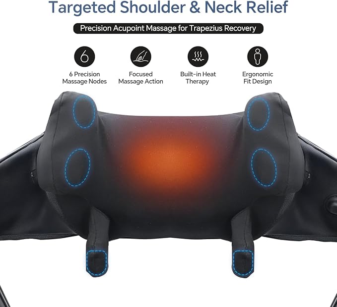 Electric Neck Massager with Heat – Cordless Shiatsu Massager for Neck & Shoulders, Deep Tissue Relief for Trapezius, Rechargeable Brushless Motor, Shiatsu Neck Massager for Pain Relief