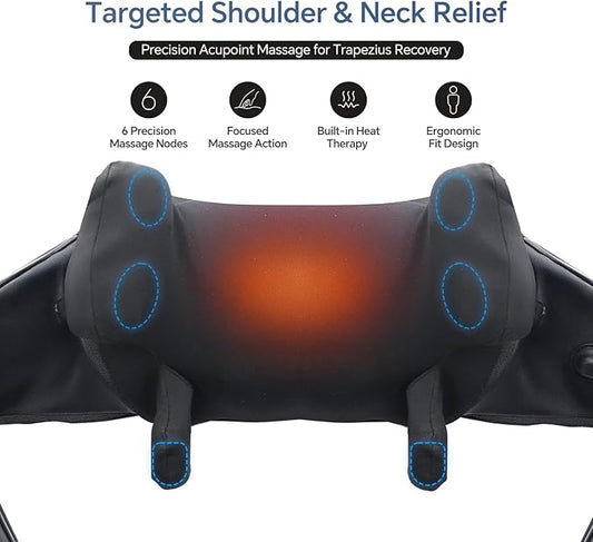 Electric Neck Massager with Heat – Cordless Shiatsu Massager for Neck & Shoulders, Deep Tissue Relief for Trapezius, Rechargeable Brushless Motor, Shiatsu Neck Massager for Pain Relief