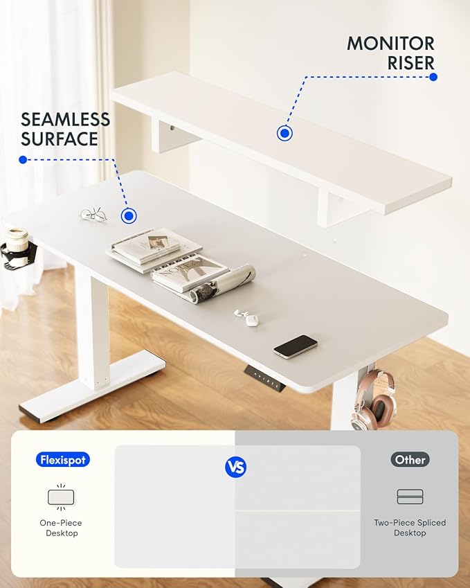 FLEXISPOT Standing Desk with Monitor Stand, 55 x 24 Inches One-Piece Electric Height Adjustable Computer Desk with Cup Holder, Home Office Desks (White Frame+ White Top)