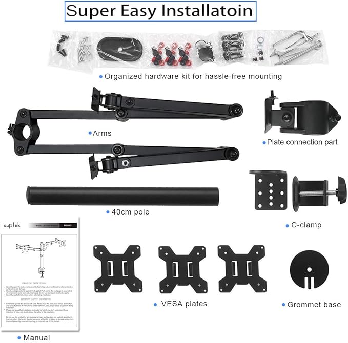 Suptek Triple LED LCD Monitor Desk Mount Heavy Duty Fully Adjustable Stand for 3 / Three Screens up to 27 inch (MD6463)