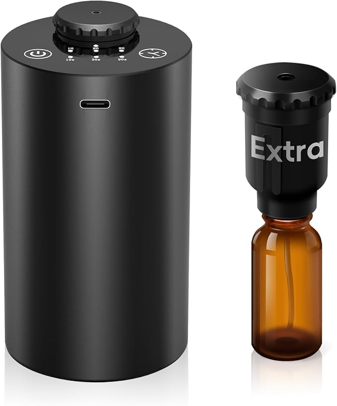 Waterless Essential Oil Diffuser Battery Operated Cordless Aromatherapy Diffuser with Timing & 3 Mist Levels car Diffuser，Black Aluminum Alloy (E10-2A)