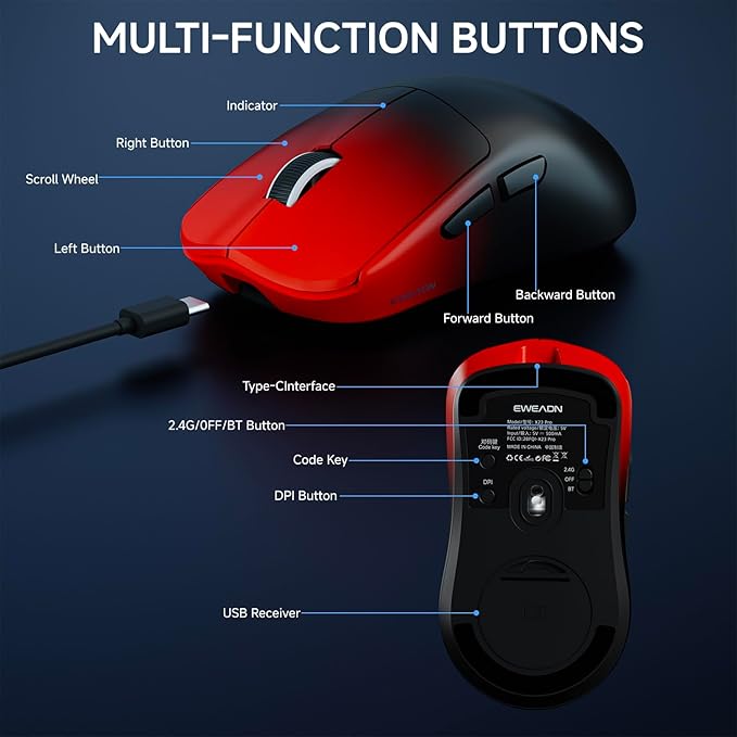 EWEADN X23Pro Wireless Gaming Mouse, 2.4G/BT5.0/USB-C Esports Gaming Mouse, 49g Lightweight Mouse Gaming, 12000 DPI Wireless Mouse with 6 Programmable Buttons, for Laptop/PC/Mac, Black-red