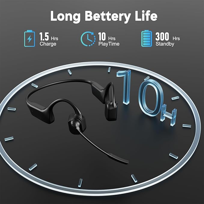 Bone Conduction Headphones with Microphone Boom, Wireless Bluetooth PC Headsets with Noise Canceling Mic for Work, Call, Meeting, 10 Hours Talk Time