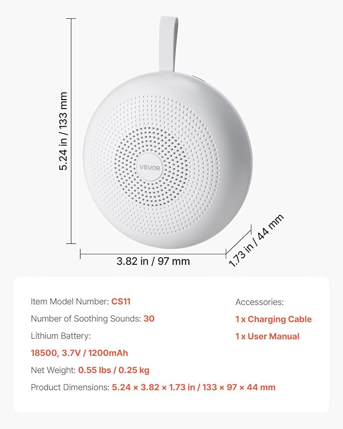 VEVOR Sound Machine, 30 Soothing Sleep Sounds, 3-in-1 Portable and Hangable White Noise Sound Machine with Auto-Off Timer, Soft Ring Light and Memory Function, for Baby, Adults, Home, Office & Travel