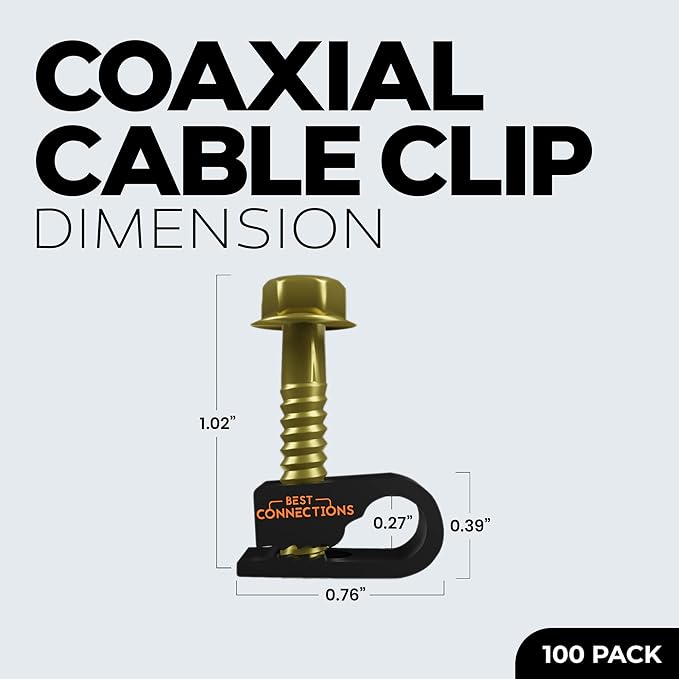 Coaxial Cable Clips with Pre-Inserted Screw (100 Pack) – Black Single Cable Mounting Clamps for Coax Cable (RG6, RG59) and Ethernet Cable – Cord Fastener/Strain Relief Clip
