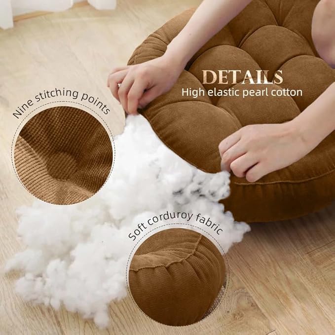 Meditation Floor Pillow Set of 2 Large Round Floor Cushions for Adults Tufted Corduroy Floor Seat Pillows Cushion for Living Room,Brown 16.5" Lx16.5 Wx3 H
