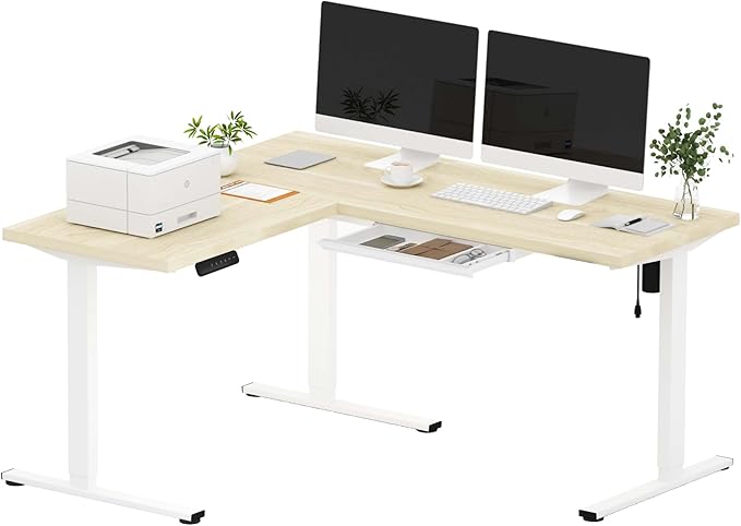 SANODESK L Shaped Standing Desk with Drawer, Adjustable Height Electric Corner Standing Desk, 63 x 55 inch Sit Stand Computer Table with Splice Board, Maple