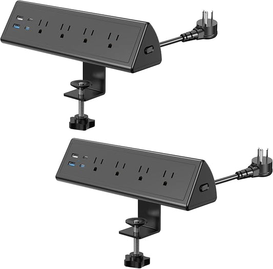 Jgstkcity Desk Clamp Power Strip,20W Fast Charging Station,Surge Protector Nightstand Edge Mount,1875W Extension Cord with Multiple Outlets,2 USB-C,2 USB-A,for Home Office (Black, 2PCS-6 FT)